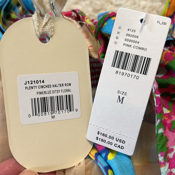 NWT ANTHRO PLENTY BY REESE M  tie-back halter romper in  pink/blue ditzy floral - Picture 3 of 12